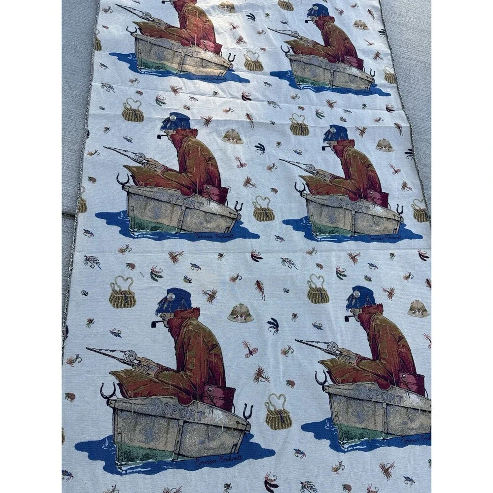 Norman Rockwell Vintage Fabric 4.5ft x 32ft Fishing Tapestry Yardage Textile